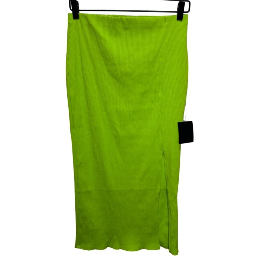Lulus Lime Green Ribbed Midi Skirt NWT Size Large High Slit Bodycon